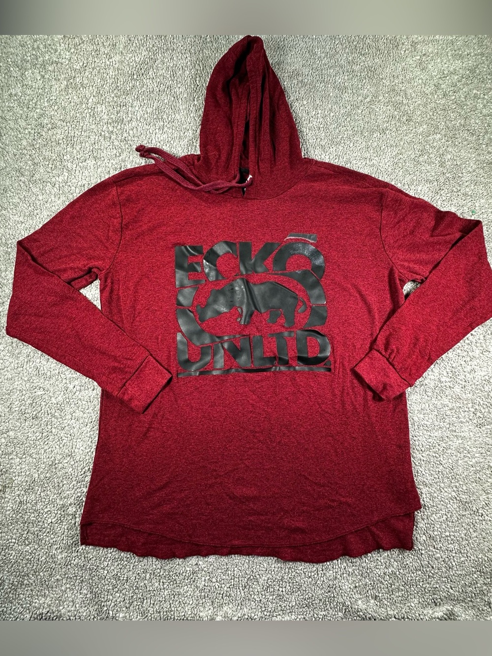 Ecko Unltd Men's Hoodie Sweater 2XL Red Heathered Thermal Waffle Knit Rhino Logo